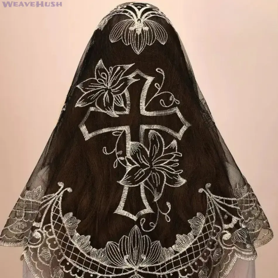 Triangle Lace Veil, Spanish Style Catholic Mantilla with Floral Embroidery and Cross - Soft Sheer Head Covering with Scalloped Edge for Church, Traditional
