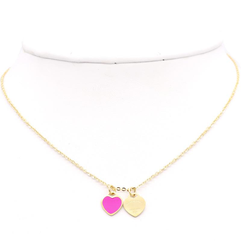 New luxury enamel pink double heart necklace, 18k gold titanium steel, versatile new style