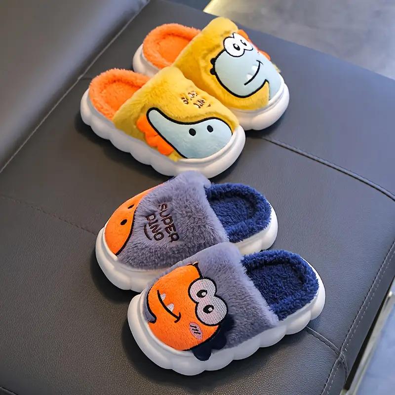 1 Pair Youngsters' Dinosaur Slippers - Cute Cartoon Dinosaur Design, Lightweight & Soft Fabric, Round Toe, PVC Sole, Perfect for Boys & Girls, Winter Home Use, Playful Youngsters'S Footwear, Durable Youngsters'S Shoes