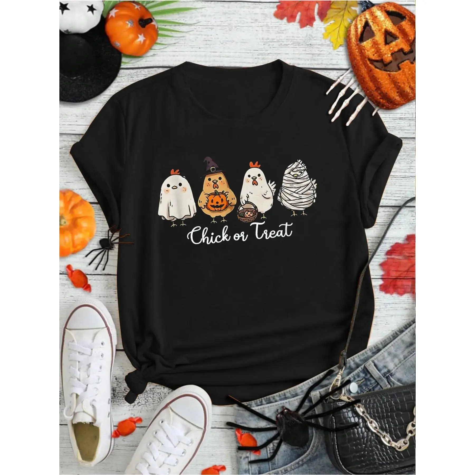 100% Premium Cotton Chick Or Treat Halloween Witch Spooky Chicken Lover Farmer T-Shirt Print Round Neck Short Sleeve Streetwear Fashion Breathable Homme Soft Unisex Designer Clothes For Women Casual Clothes