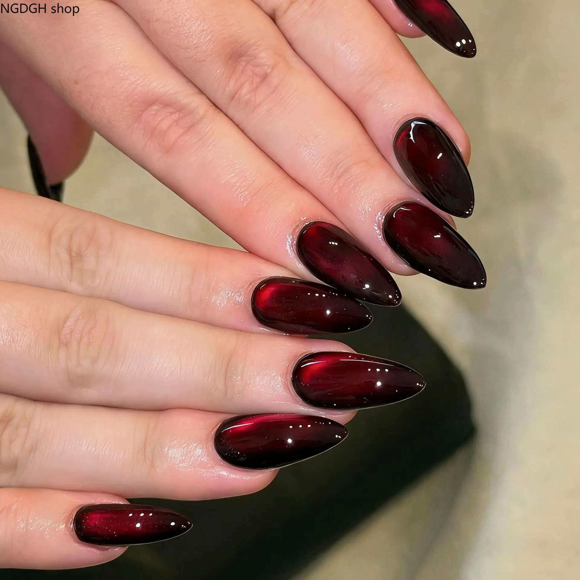 Magnetic Nails - Cat Eye Dark Red Press On Fake Nails, Long Almond Glossy Nail Art for Women Girls Party Wear