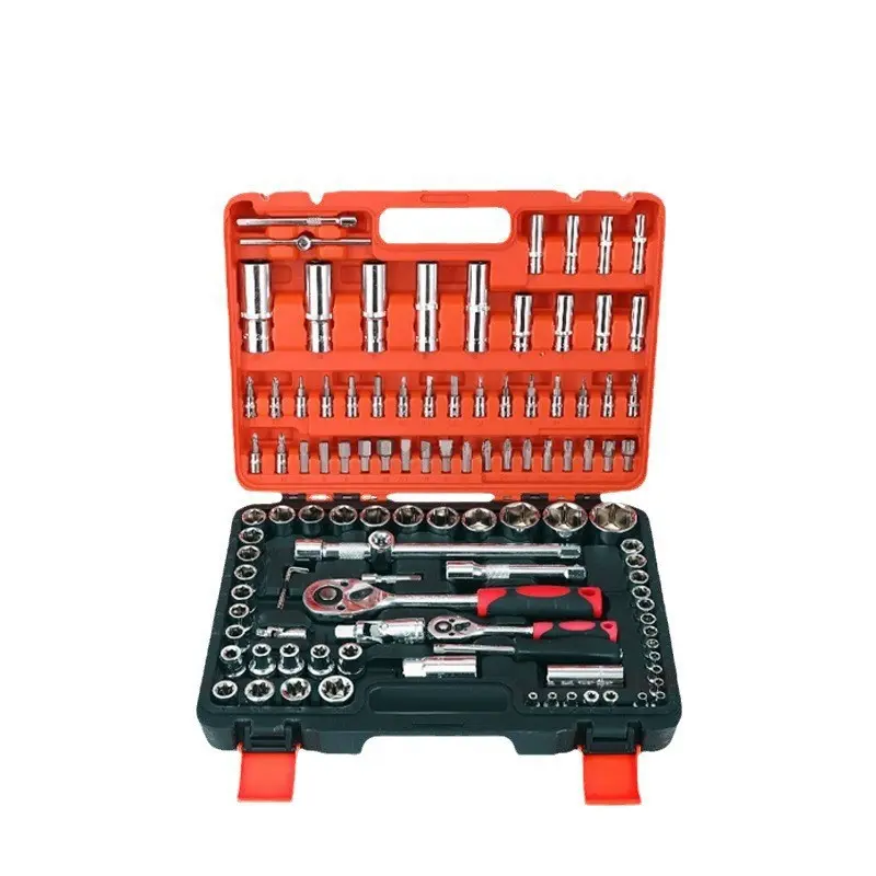 108-Piece Orange-Black 2-Color Metric Socket Wrench Tool Set, Household Maintenance Hardware Combination Toolbox