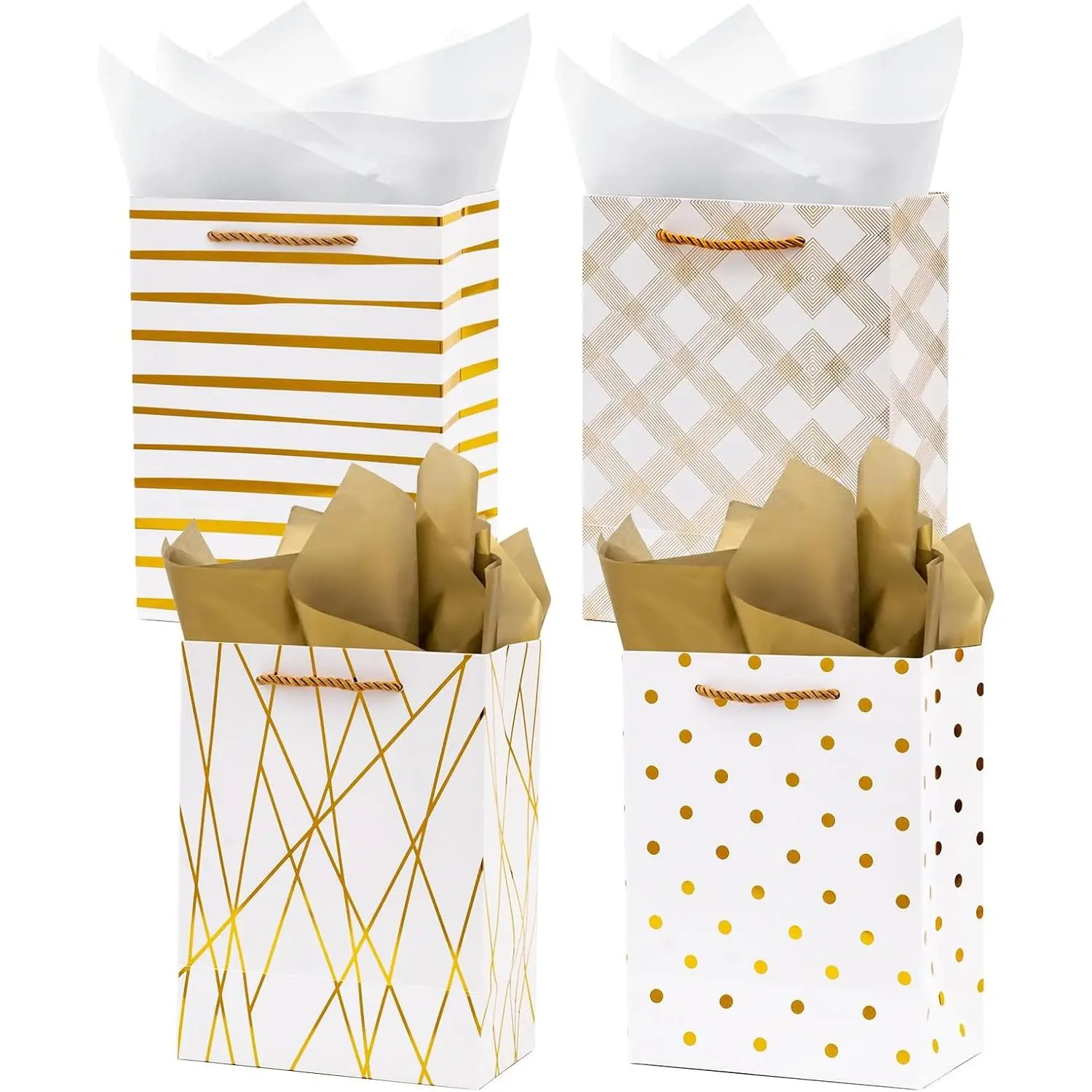 4 Pack 9" White and   Bags with Tissue Paper, 4 Designs | 9"H x 7"W x 4"D, with Handles for Shopping Parties Wedding  Shower Holiday Presents,250gsm cardboard