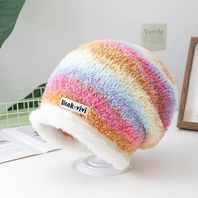 Hot Sale Loose Chic Hat Lazy Style Gradient Beanie Hat Fashion Winter Hats For Women Streetwear Multicolour Warm Hats For Girl