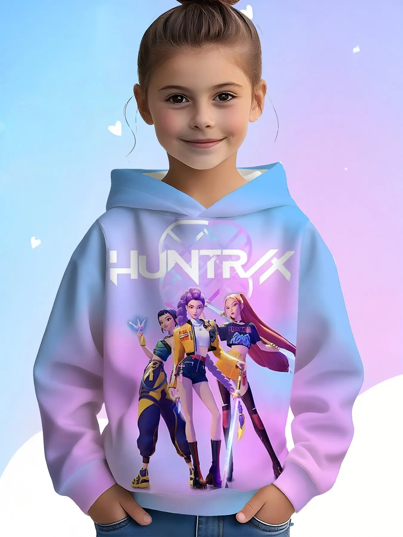 Gradient Blue Sweatshirt, Pop Girls Sci-Fi Full Print Hoodie, Fashion Hoodies, Long Sleeve Casual Top, Fall & Winter Fashion