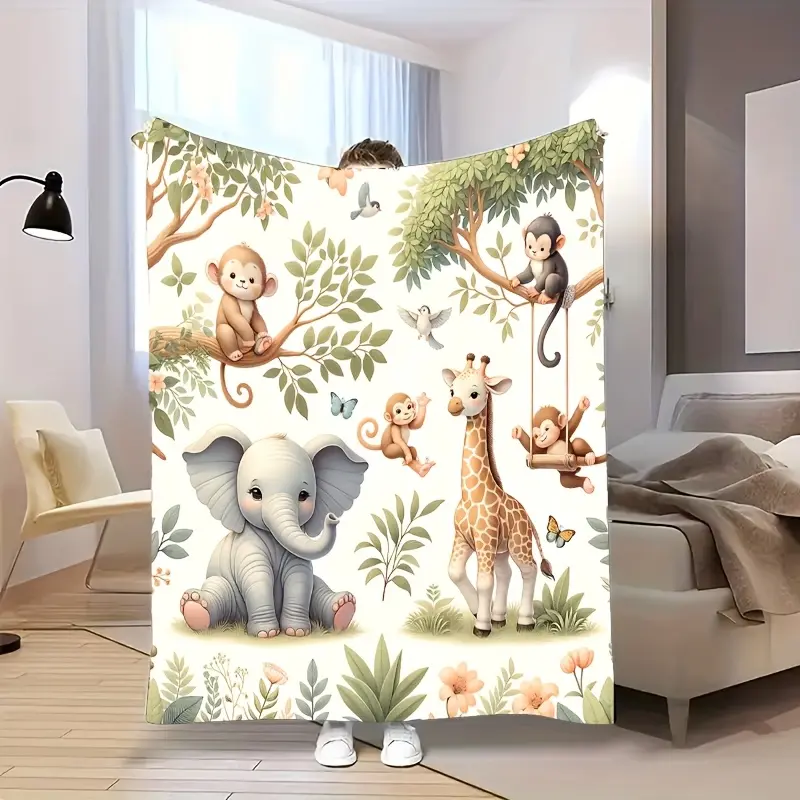 Cute Jungle Animals Flannel Throw, Elephant Giraffe Monkey Soft Warm Blanket, Cozy Nursery Gift for Newborn Toddler, Crib Couch Bed Home Decor, AC Summer Nap Blanket, Birthday Christmas Gift, Safari Throw