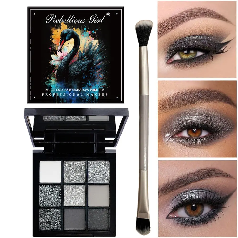 Eye Makeup Set, Rebellious Girl Black Smoked Eyeshadow Plate with Double-ended Eyeshadow Brush Set, Dark Black Gray Silvery Flash Matte Shimmery Smoked Style Stage Party Performance Cosmetics, Suitable for Music Festivals, Halloween, Easter