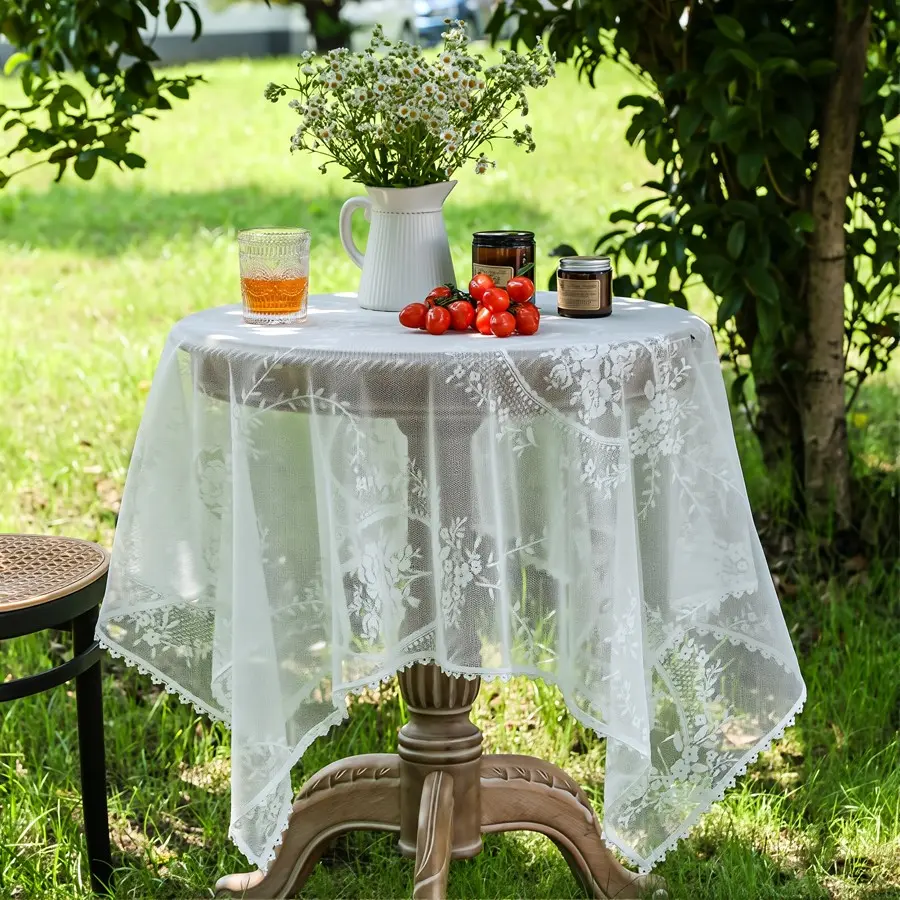 Elegant Floral Embroidered Lace Tablecloth, Washable Transparent Decorative Cloth, French Style, Suitable for Coffee Shops and Round Tables
