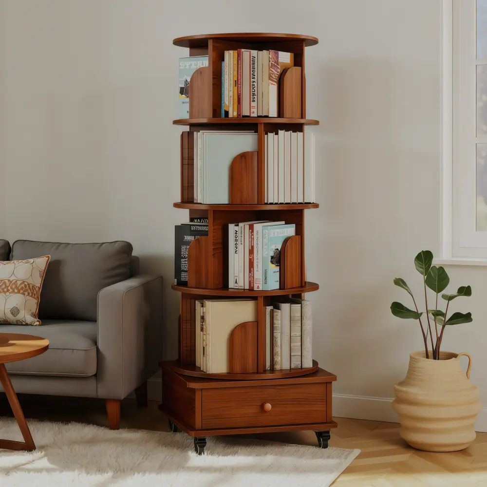 Littleox Rotating Bookshelf with Drawer, 360 Display 5 Tier Corner Bookshelf for Small Space, Floor Standing Bookcase Storage Rack, Wood Narrow Organizer for Bedroom, Living Room (WALNUT)