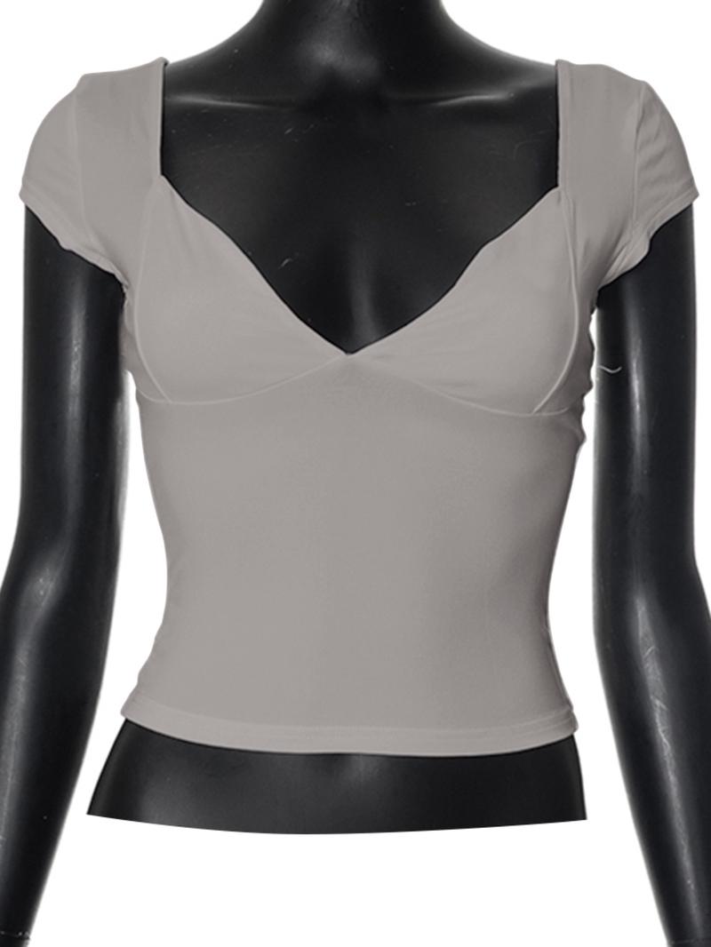 Women's Solid Sweetheart Neck Crop Tee, Casual Cap Sleeve T-Shirt for Outdoor Daily Wear, Ladies Summer Clothes, Summer Outfits 2024, Tshirt