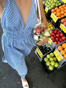 Women's Blue Plaid Long Dress with Deep V Neck and Shoulder Straps, Waist Ruched Design, Casual Elegant, Spring Summer Beachwear