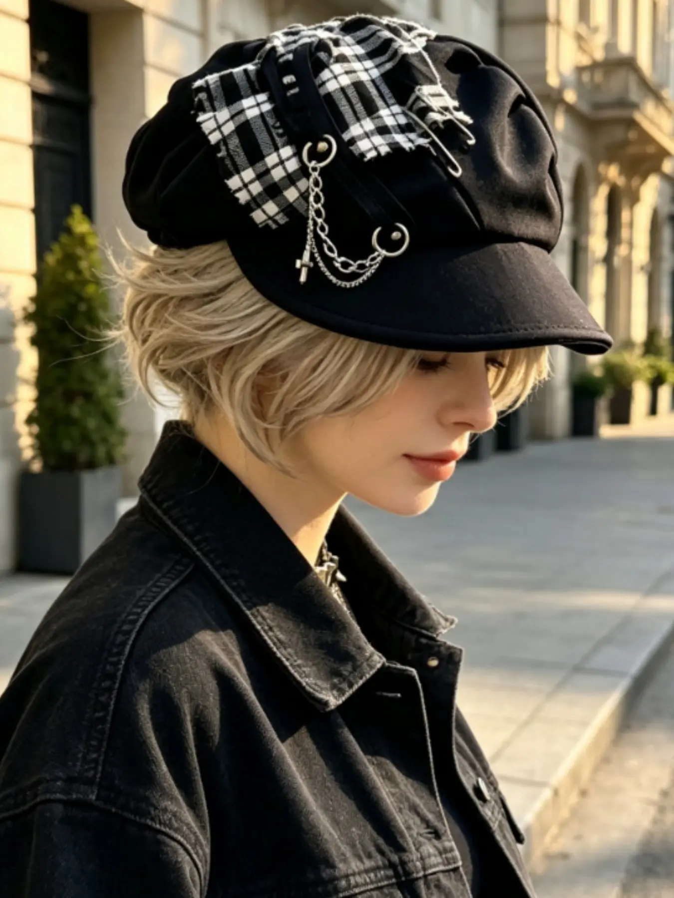 Y2K Punk Gothic Beret Hat, Cloud Soft Brim Large Size Hat, Safety Pin Cross Chain Patch Decoration, Egirl Anti-Mainstream Party Hat