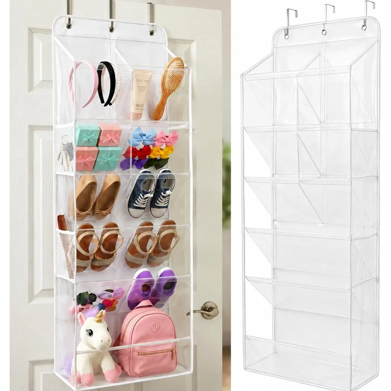 Shoe Organizer for Closet, 6 Tier Over the Door Shoe Organizer 120D Extra Thick with Deep Pockets, Shoe Rack for Closet & Entryway, with 4 Side Storage Pockets (Transparent)