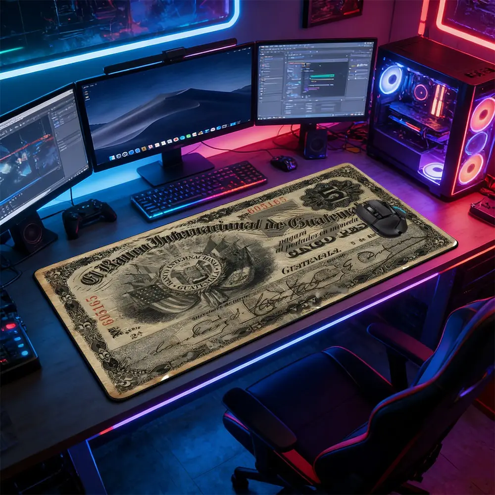 Vintage Banknote Large Extended Gaming Mouse Pad, Non-Slip Rubber Base Stitched Lock Edge Desk Mat, Retro Antique Banknote Artistic Design Desk Pad, Durable Computer Accessory for Home Office & Gaming Setup, Perfect Gift for Gamers & Vintage Collectors