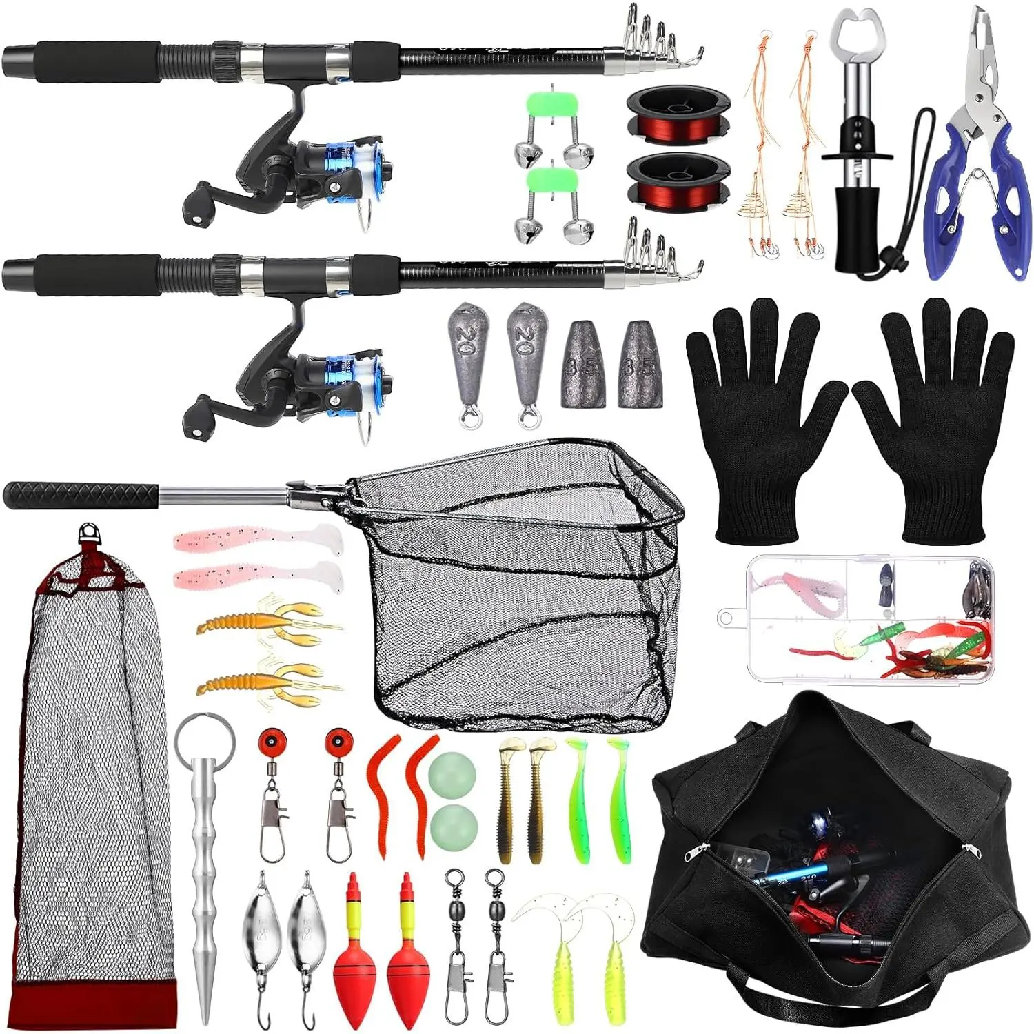 MiniInflat Telescopic Fishing Rod and Reel Compact Combo (6.89ft Length) - 2pcs Collapsible Rod, Plier, Lip Grippers, Lures, Carrier Bag, Pre-Loaded Spinning Reel Saltwater Fishing Setup, Telescopic Rod