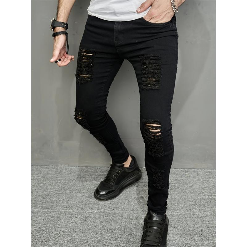 Men's Slim-Fit Black Ripped Jeans - Stretch Denim, Hip-Hop Street Style, Machine Washable Pants Cotton Menswear Trouser