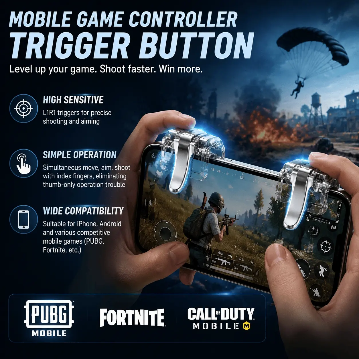 High Sensitivity Gaming Trigger for Mobile Shooters, L1R1 L2R2 Rapid Aim Joystick, Ergonomic Design for Fast & Accurate Firing, Easy Installation, Comfort Grip, Must-Have Esports Gear, Game Peripherals for Competitive Play