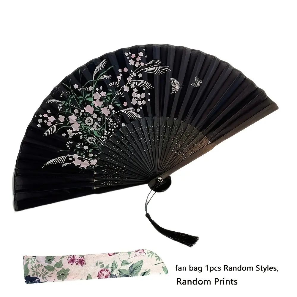 Black fabric folding handheld fan (with storage bag), Portable folding fan, foldable women's fan, perfect as wedding guest gifts, Mother's Day presents, or Asian-themed party decorations, featuring home decor