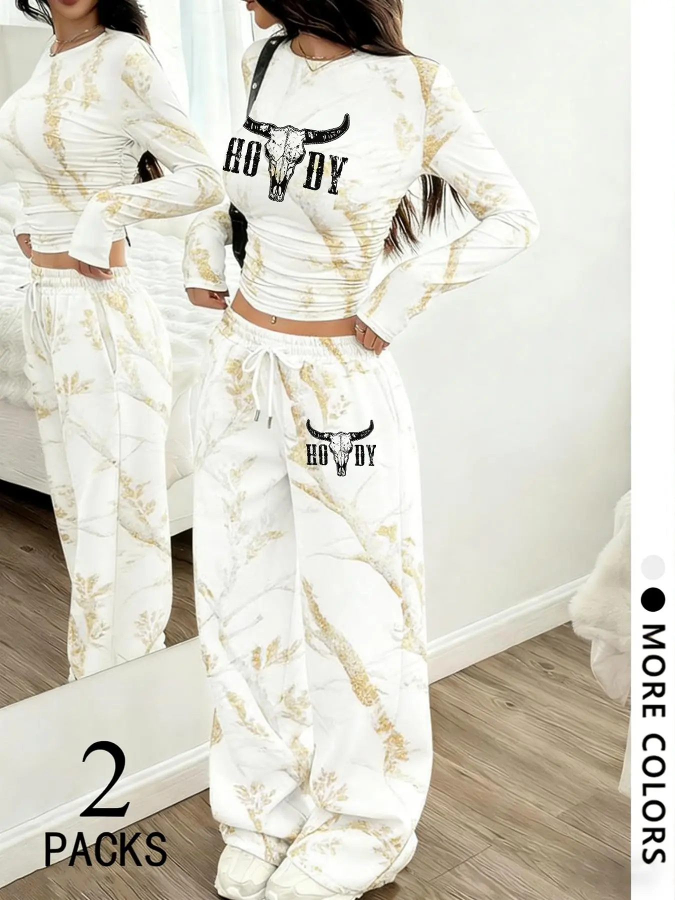 Women's Two-Piece Set, Round Neck Long Sleeve Top, Straight Leg Pants, Plant Print, Drawstring Design, Comfortable Fabric, Casual Style, Loose