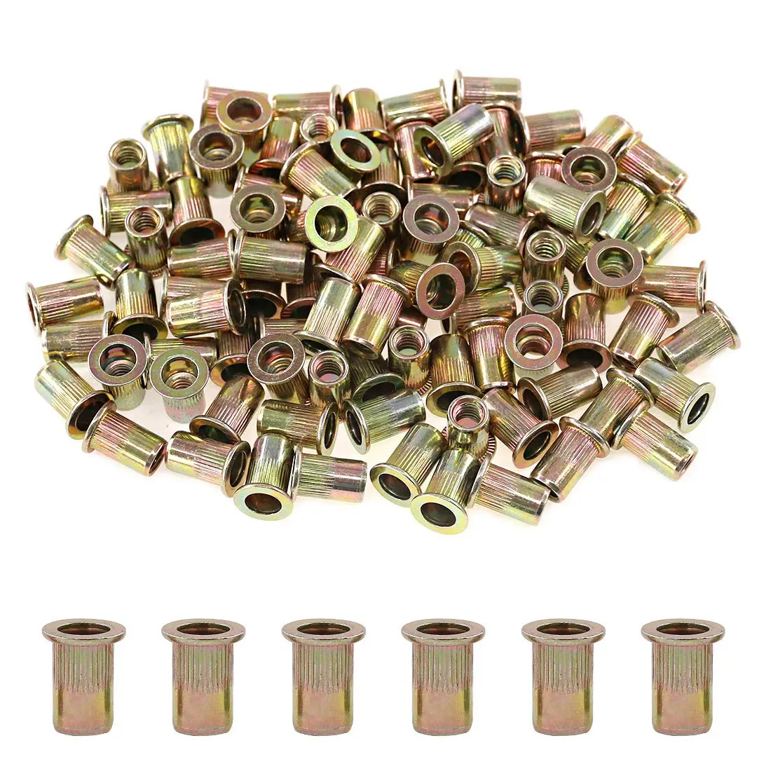 100 count 1/4"-20UNC Zinc Plated Carbon Steel Rivet Nut Flat  Rivnut Threaded Insert Nuts Set (1/4"-20UNC)