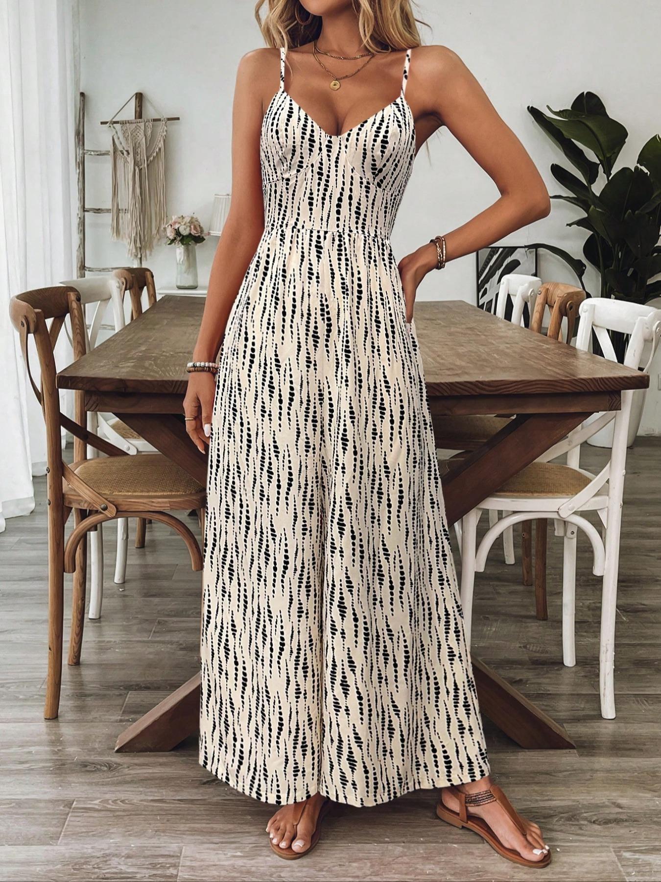 Women's All Over Print Jumpsuit, 1 Count Elegant Casual Bohemian Boho Style Sleeveless High Waist Cami Spaghetti Strap Jumpsuit for Summer, Women's Jumpsuit for Beach Holiday, Casual Summer Jumpsuits, Fitted Sleeveless Jumpsuit
