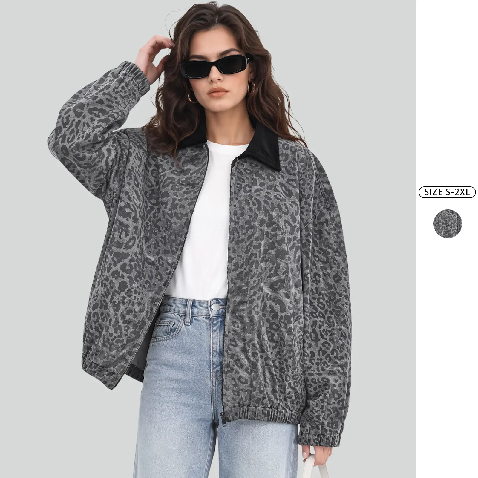 Imily Bela Women’s Casual Leopard Print Zip Up Jacket, Relaxed Oversized Long Sleeve Bomber Style Outerwear with Contrast Collar, Gray Black