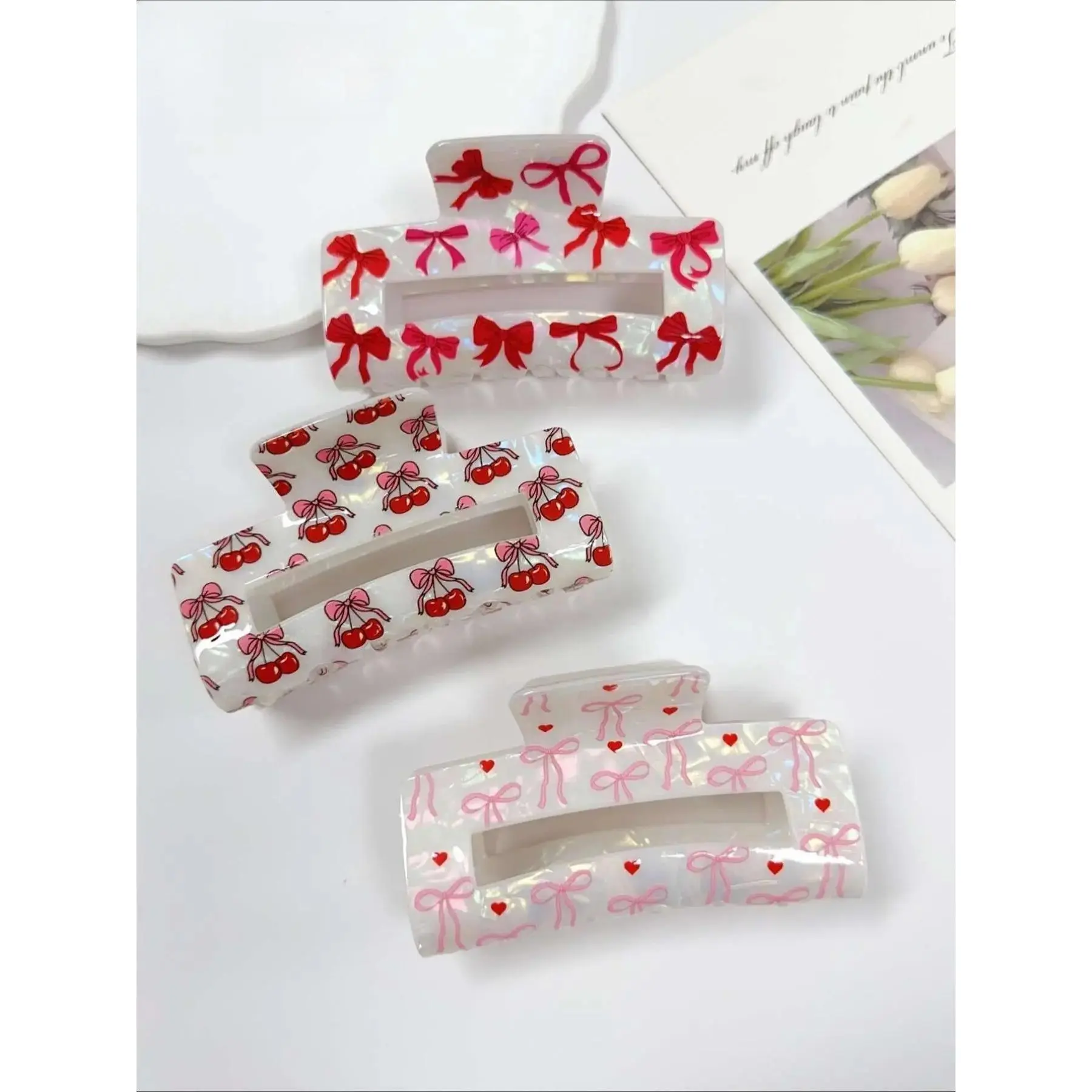 3pcs Women's Elegant Pretty Bow Cherry Heart Bow Print Hair Clip, Ribbon Ponytail Holder, Shark Clip for Daily Decoration Accessories, Super Cute Clips