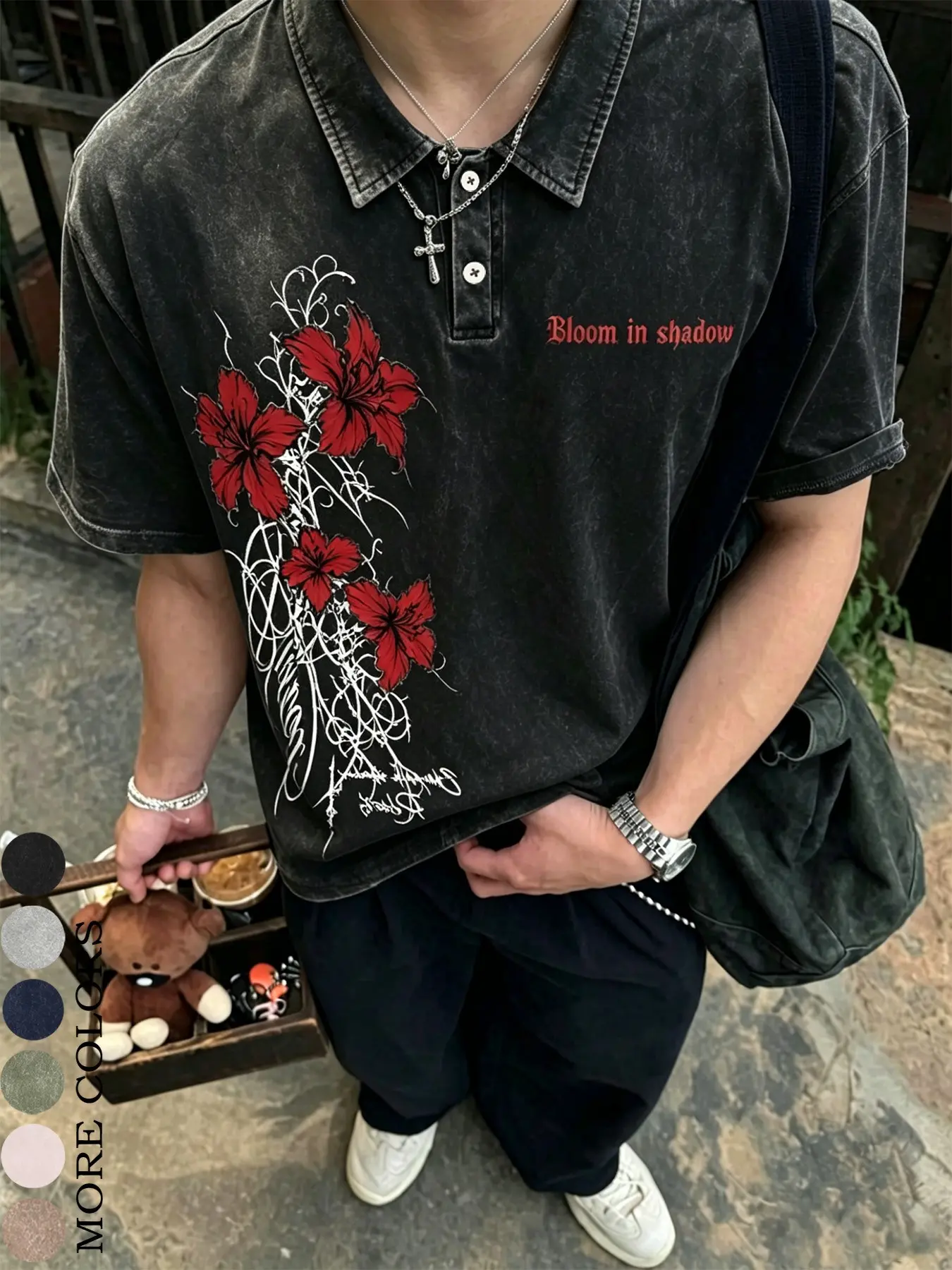 Men’s and women’s dark Gothic-style, Aesthetic Floral rose letter print polo shirt, 100% cotton, water-washed and distressed, loose-fitting polo shirt/short-sleeved T-shirt, American retro, Y2K dark Gothic streetwear brand, oversized top
