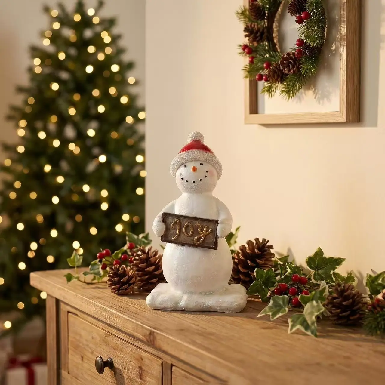 1PC Christmas Snowman Figurine Holding Joy Sign, Festive Tabletop Decor for Mantel, Shelf, Living Room, Entryway, Office and Holiday Gift
