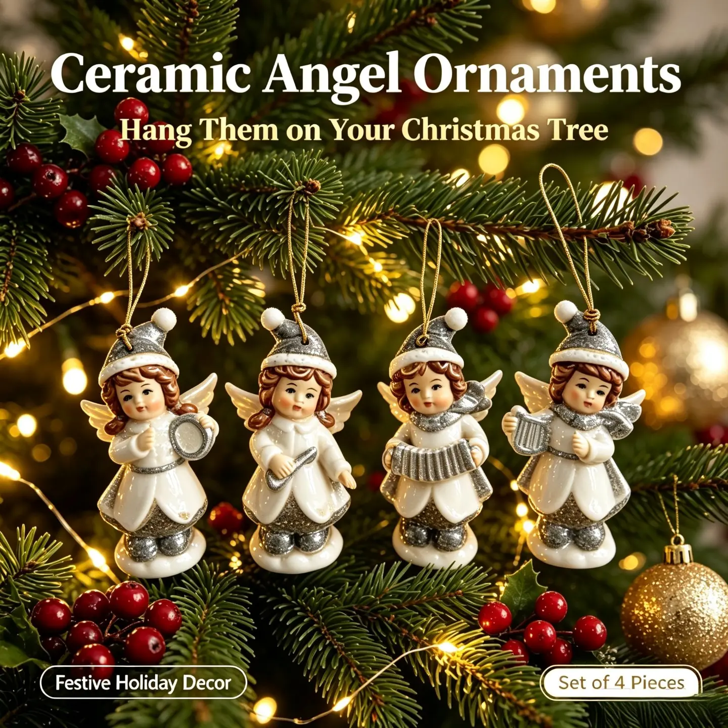 Set of 4 Pcs Ceramic Angel Christmas Tree Ornaments, Vintage Hand‑Painted Musical Angel Hanging Decorations with Gold Strings, Xmas Tree Pendant Baubles for Holiday Party Home Decor, Perfect Christmas Gift, Thanksgiving New Year Housewarming Present, Aest