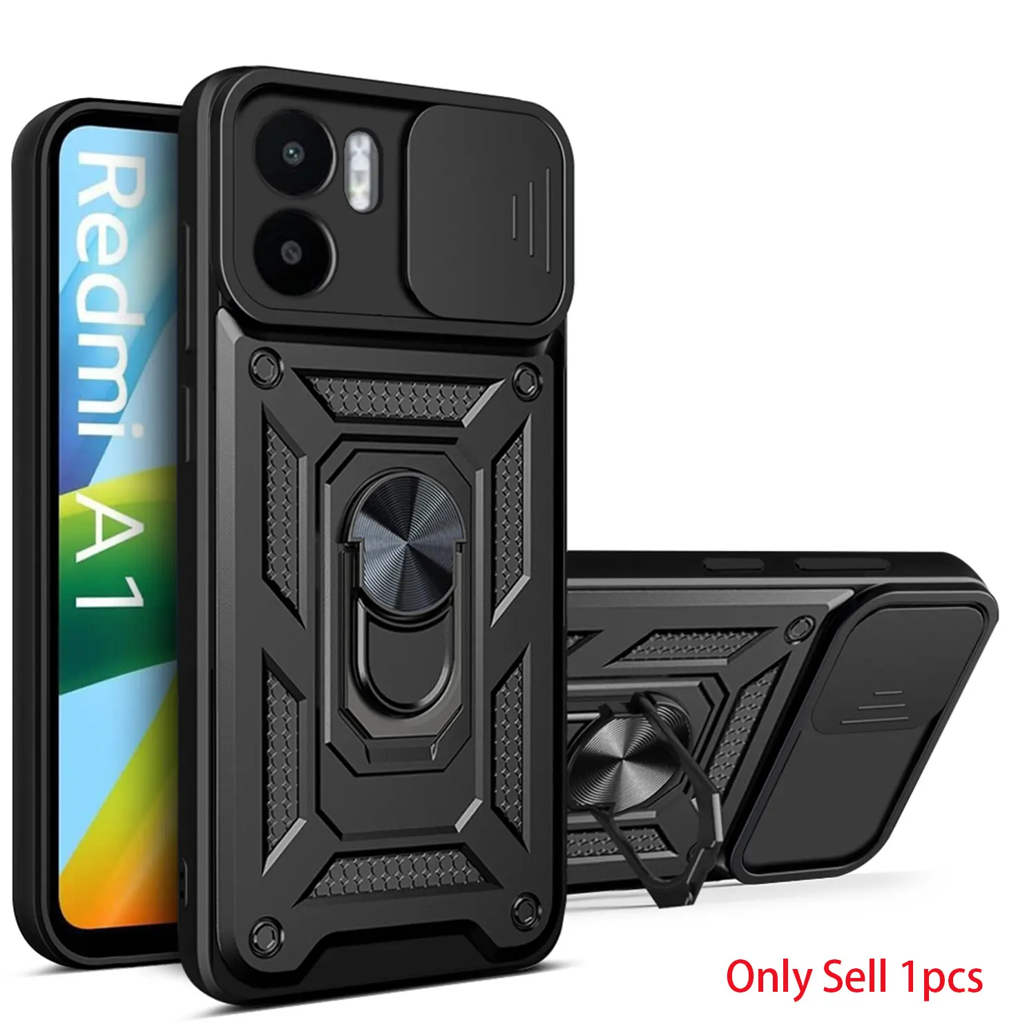 Xiaomi Redmi A1 4g Phone Case, Durable Dual-Layer Flexible Shockproof Cover, Adjustable Metal Ring Stand, Dust-Proof Lens Cap