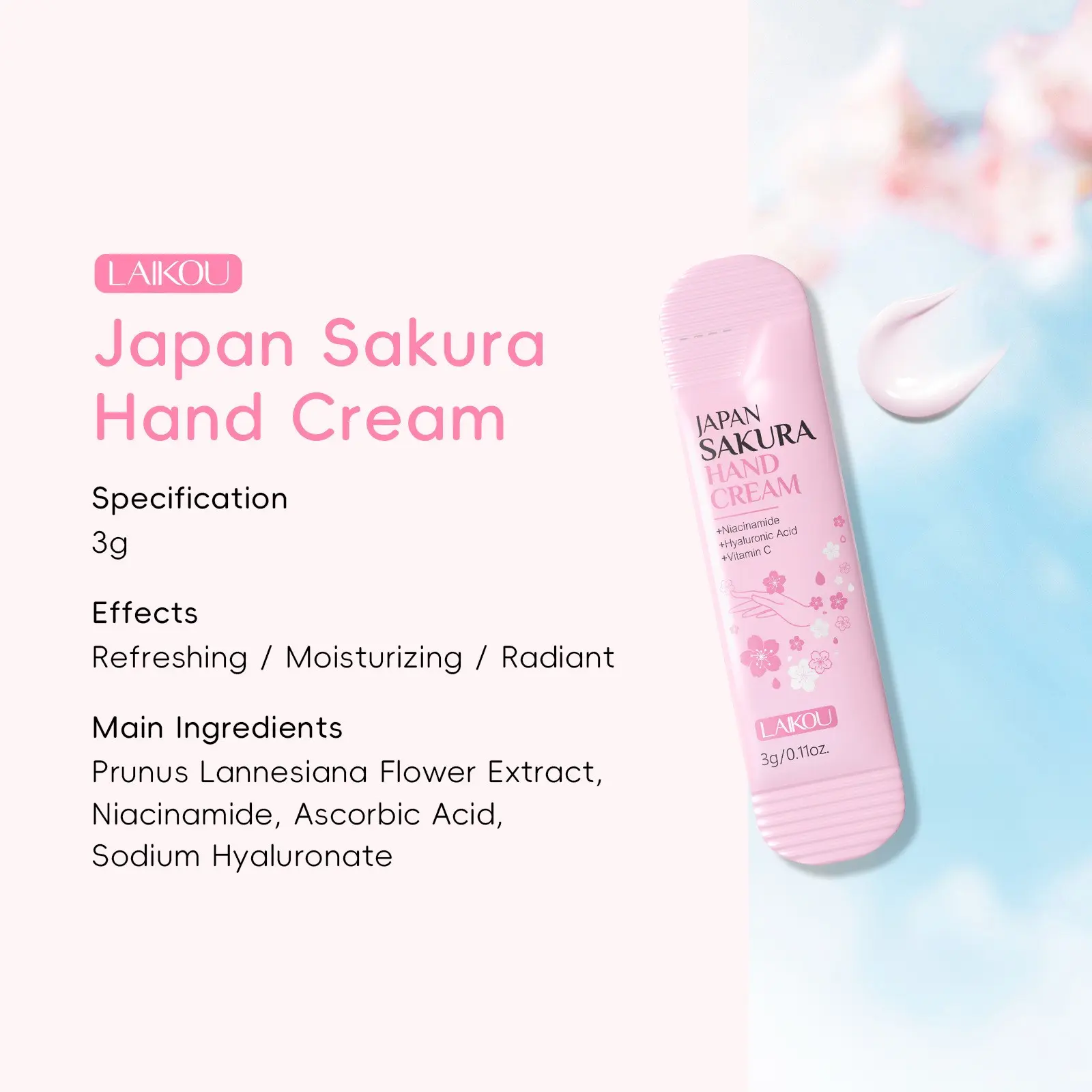 Cherry Blossom Niacinamide Hand Cream 3g, Contains Vitamin C & Hyaluronic Acid, Refreshing Moisture, Brightening, Portable, Travel Essential,Refreshing Moisturizer for Radiant Skin, Lightweight Non-Greasy ,Travel Size Hand Care