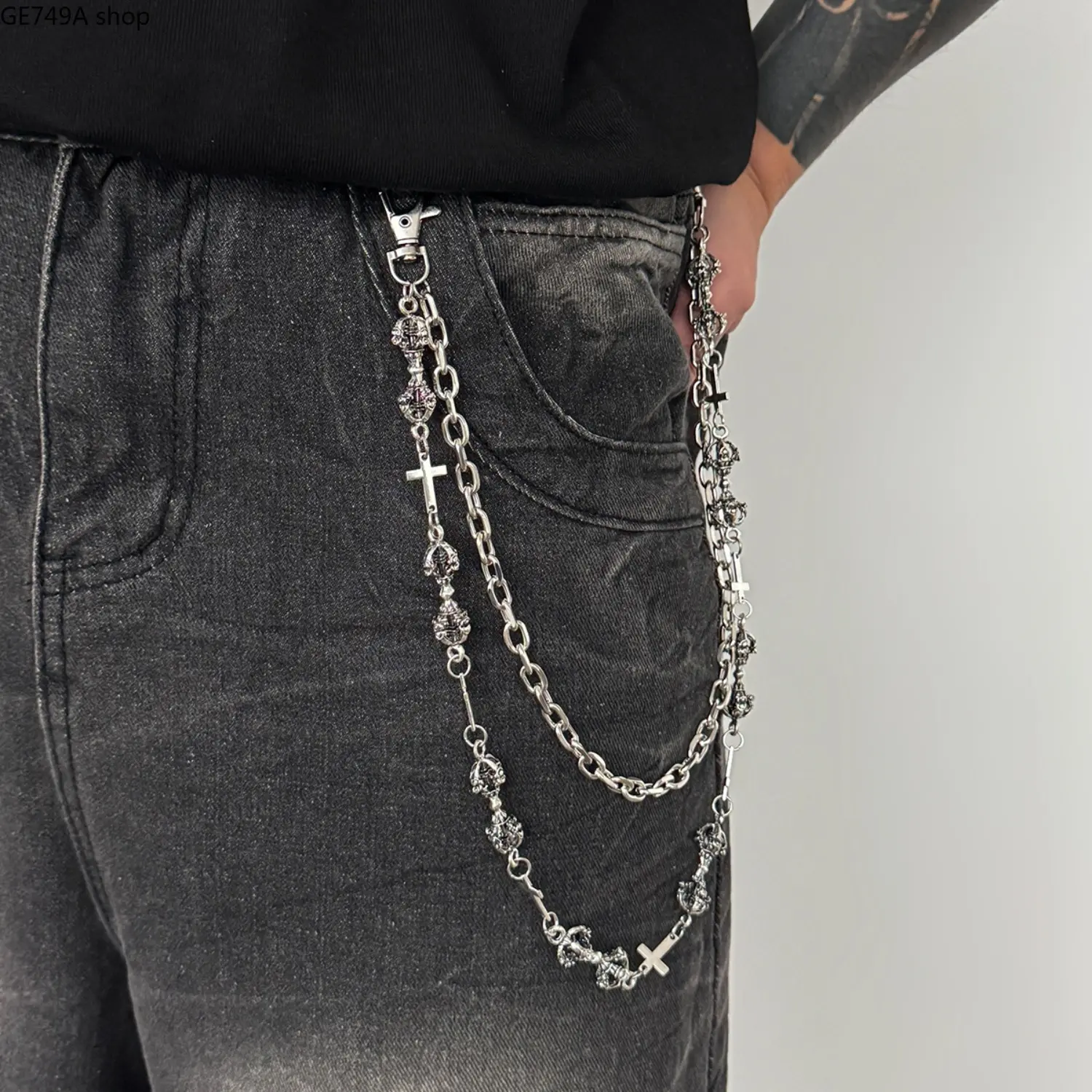 Gothic Crown Cross Motifs Layered Wallet Jean Chain for Men - Punk Rock Y2K Silver Pants Chain, Vintage Harajuku Multi-Layer Biker Keyring Accessory, Unisex Wear Cool Birthday Gift