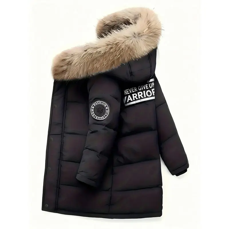 Boys' New Fashionable Winter Hooded Warm Jacket, Casual Polyester Coat with Detachable Hood and Zipper, Sizes 120-160, Suitable for Middle and Older Kids, the Perfect Christmas Holiday Gift for Boys, Ideal for Cold Weather, Outdoor Cold-Proof