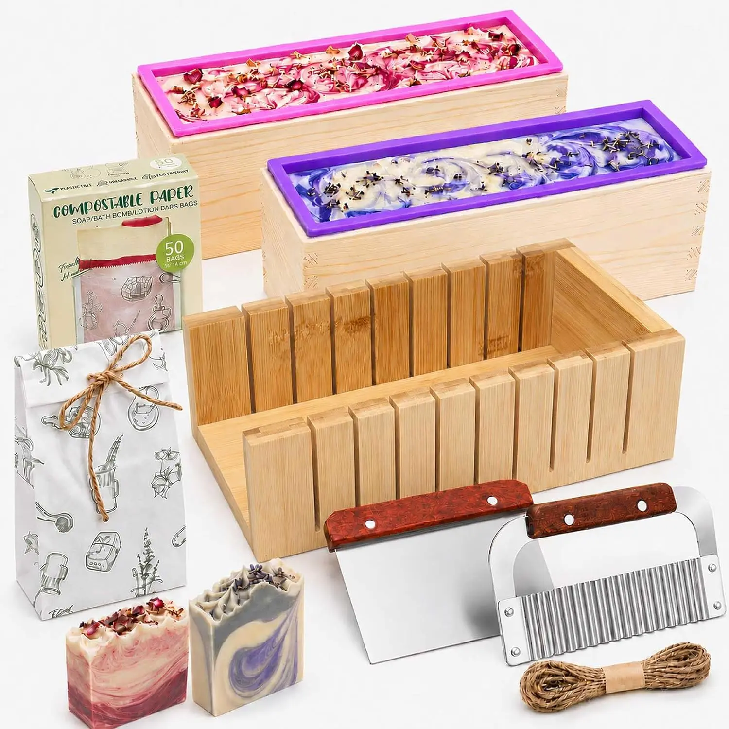 Soap Mold Making Kit with Wooden Cutter Soap Molds Silicone 46oz Purple |   Melt and Pour or Cold Process, 50pc Soap Packaging Paper Bags and Slicer |   Gift for Wife Women Housewife Soaper