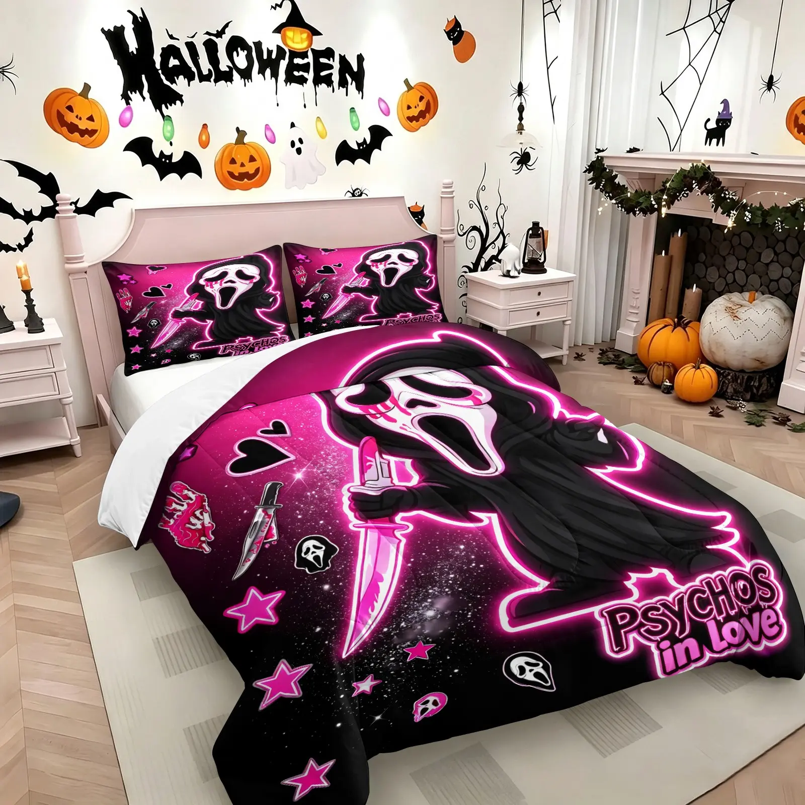 Pink Neon Sweet Cool Ghostface Knife Heart Star Print Y2K Pastel Goth Comforter Set, 1 Quilt + 1-2 Pillowcases, Comfortable Easy Care Bedding, Ideal for Halloween or Horror Movie Fans Bedroom Dorm Decor