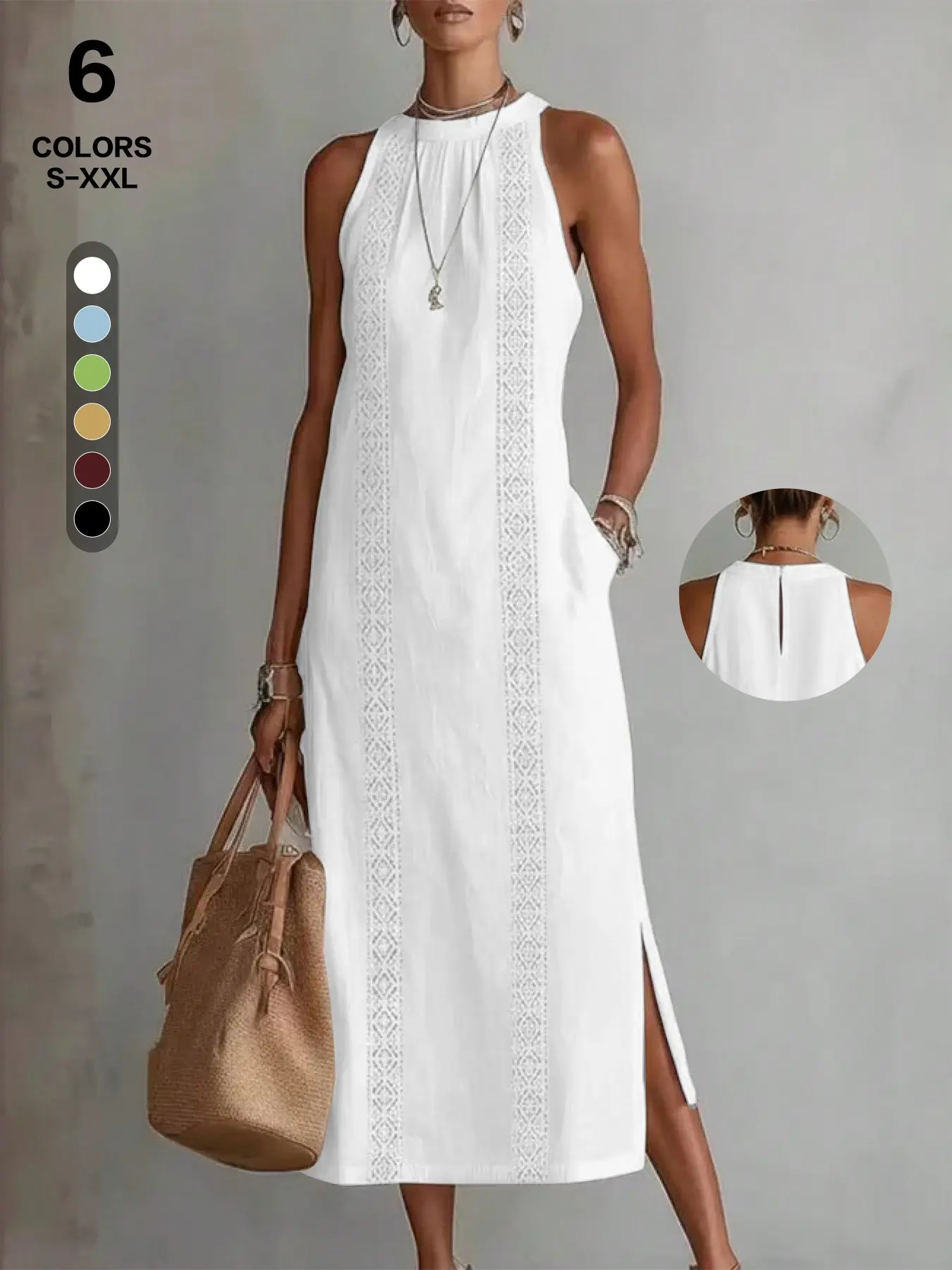 Halter Neck Sleeveless Midi Dress, Crochet Panel, Side Split, Hidden Pockets, Lightweight Chic Casual Summer Dress, Vacation & Daily