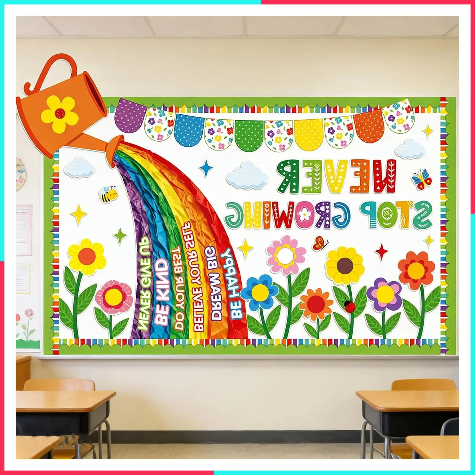 Spring Bulletin Board Classroom Decor Set - Rainbow Waterfall Floral Decoration