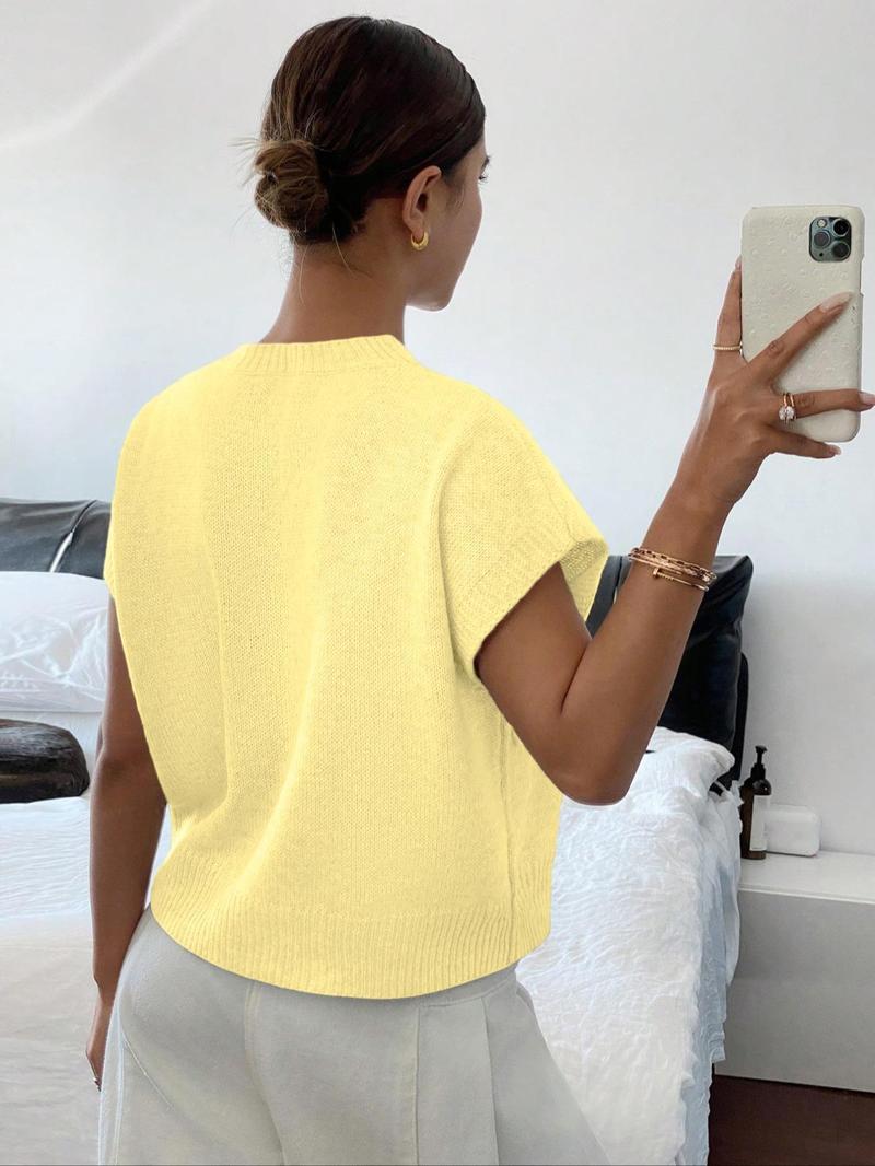 Elegant Round Neck Knit Top for Women, Spring Summer Loose Fit Sweater Vest, Casual Plain Pattern, Stylish Pullover Jacket