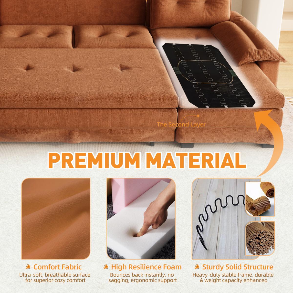 109.5" U-Shaped Sleeper Sofa with Pull Out Bed,2 in 1 Convertible Couch Bed with Removable Armrests & USB Ports,Oversized Sectional Modular with Chaise Lounge for Living Room/Apartment,Orange    RR