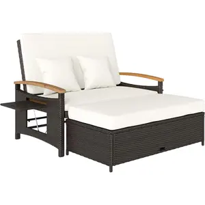 4-in-1 Rattan Outdoor Daybed PE Wicker Patio Loveseat with Storage Ottoman 4-Level Adjustable Back Folding Side Trays Acacia Wood Armrest Double Sun Lounger with Cushions and Pillows for Patio