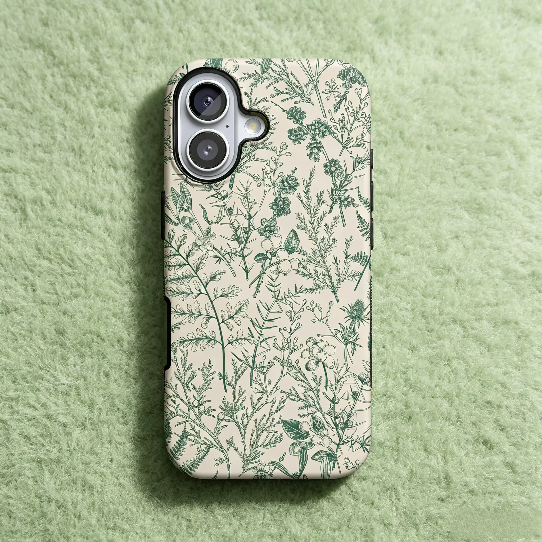 Vintage Green Botanical Line Art Wild Fern Berry Floral iPhone Case, Hard Shockproof Anti-Scratch Protective Phone Cover Compatible with All Apple Models | Sage Garden | Green Floral | Bold Protective Design | Compatible with MagSafe