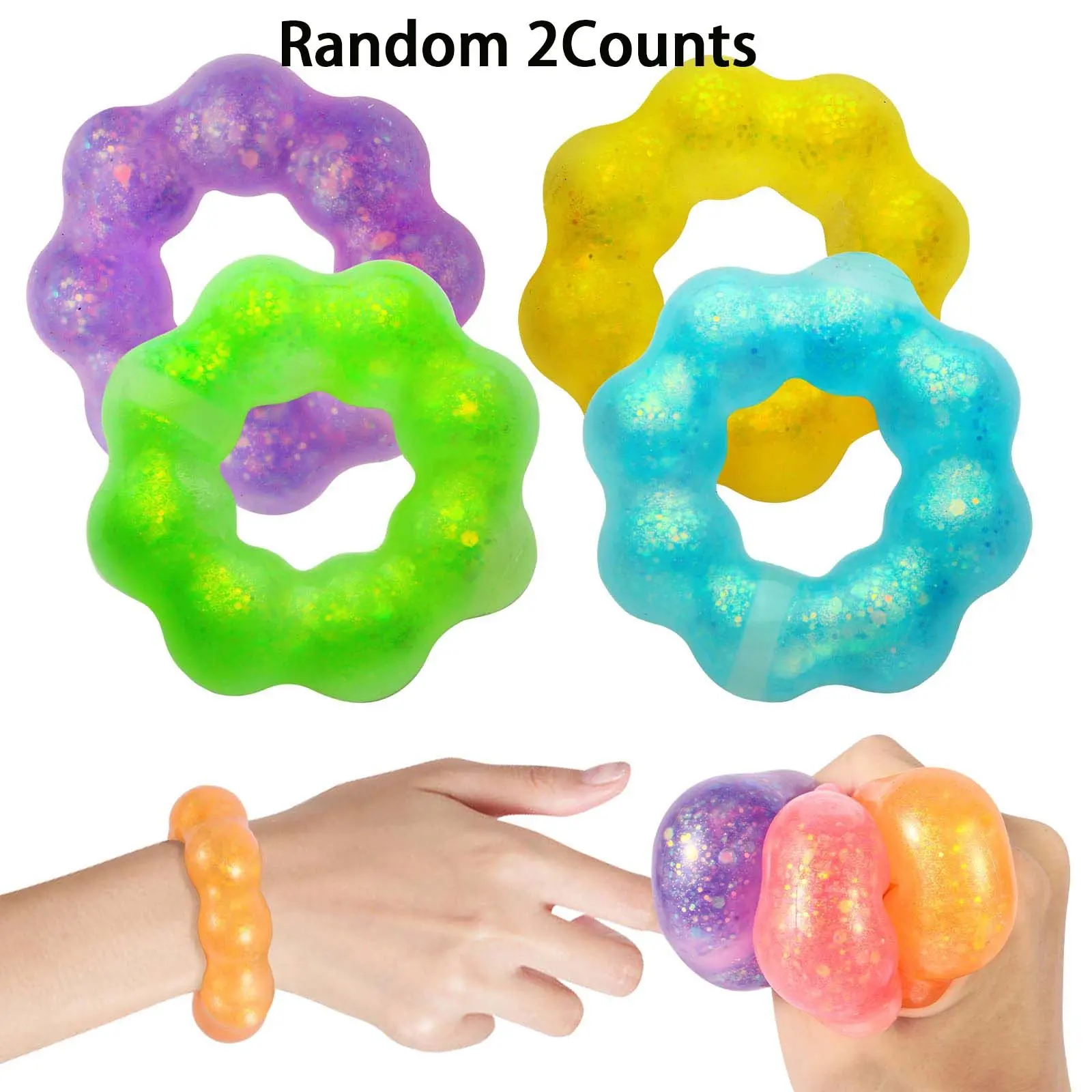 Random Color Squishy Toys, 2 Pieces Wearable Bracelet Stress Balls Fidget Toys, Soft Donut Stress Relief Sensory Toy, Stress Relieving Accessory for Kids & Adults, Fidget Friendly Band, Stress Relief Aid, Sensory Fidget Gift