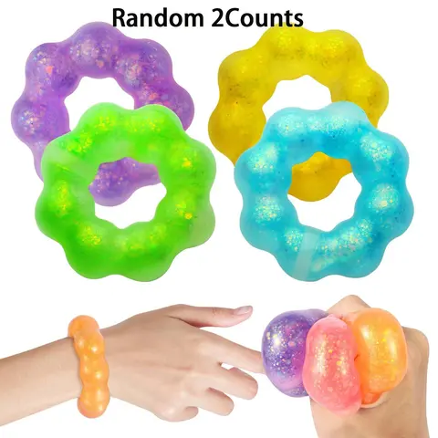 Random Color Squishy Toys, 2 Pieces Wearable Bracelet Stress Balls Fidget Toys, Soft Donut Stress Relief Sensory Toy, Stress Relieving Accessory for Kids & Adults, Fidget Friendly Band, Stress Relief Aid, Stress Relieving Tool, Sensory Fidget Gift