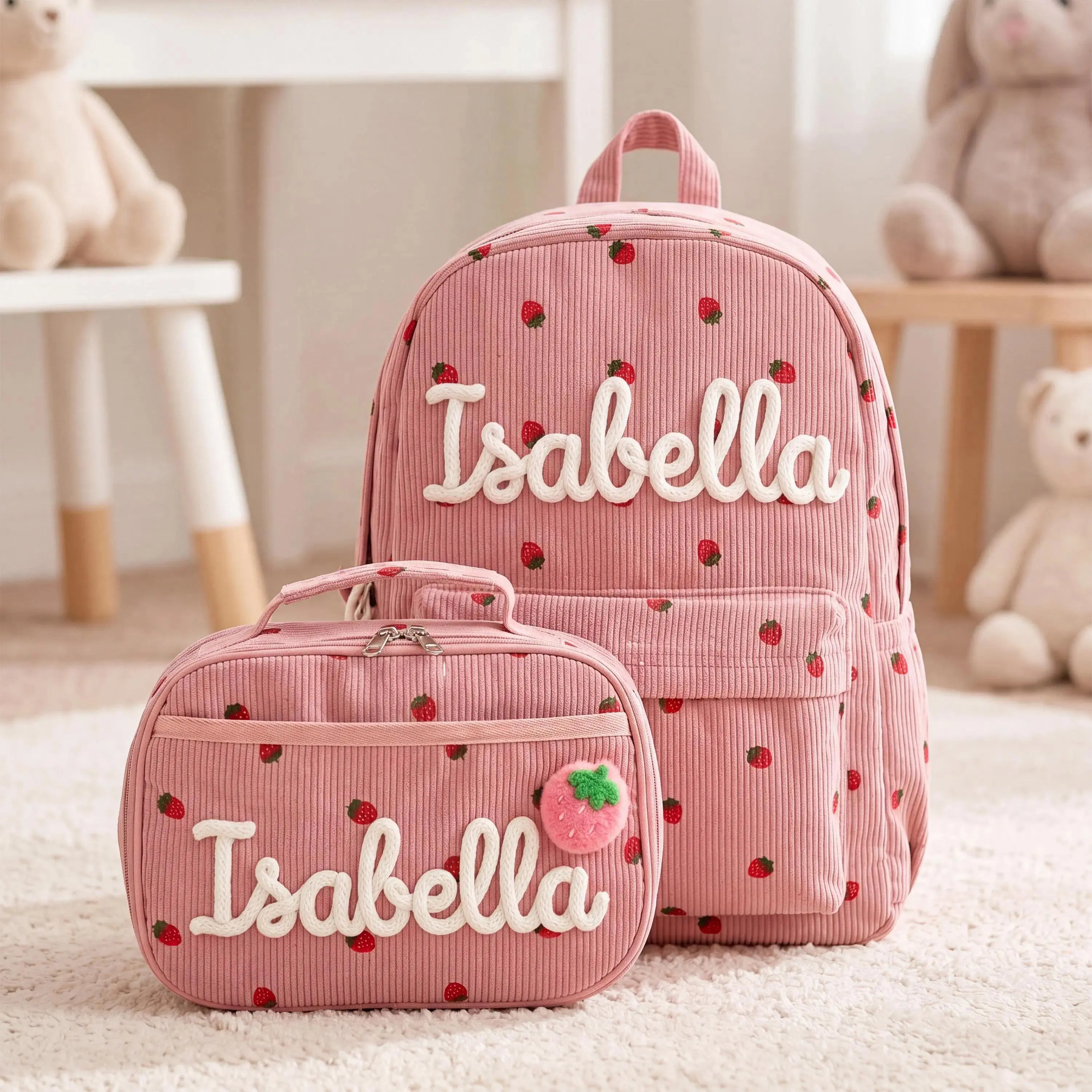 AS1032 Personalized Custom Backpack & Lunch Bag Set Strawberry Backpack DIY Yarn Accessories Lunch Bag Set