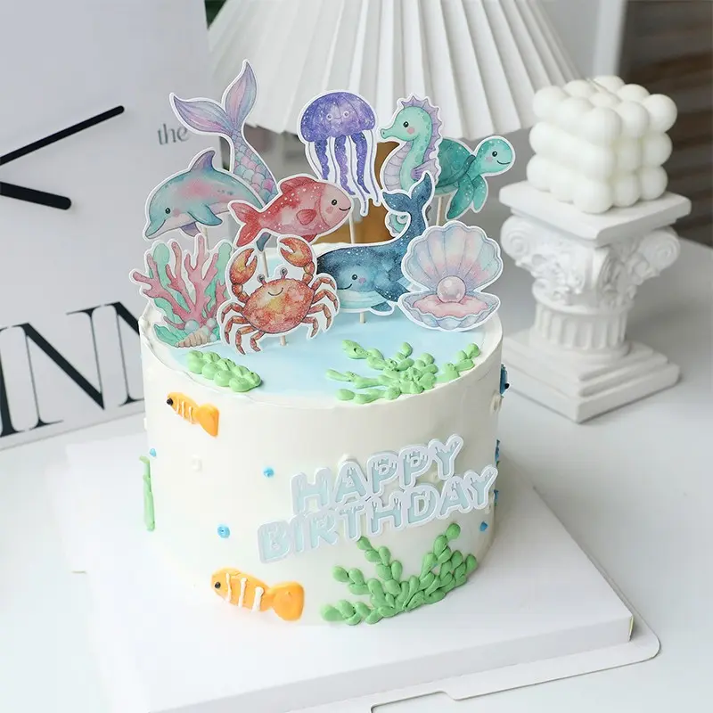 Birthday Cake Decorations, Ocean Theme Card Inserts, Whale Dolphin Crab Tail, Glittery Sweet Table Accessories