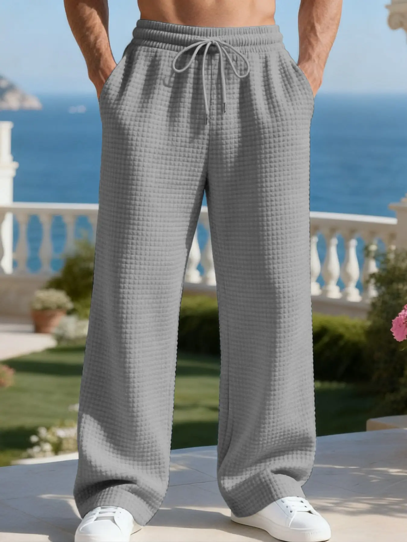Men's Waffle Knit Wide Leg Casual Pants, Elastic Drawstring Waist Loose Straight Trousers, Breathable Textured Sweatpants with Pockets for Summer Street & Beach Vacation