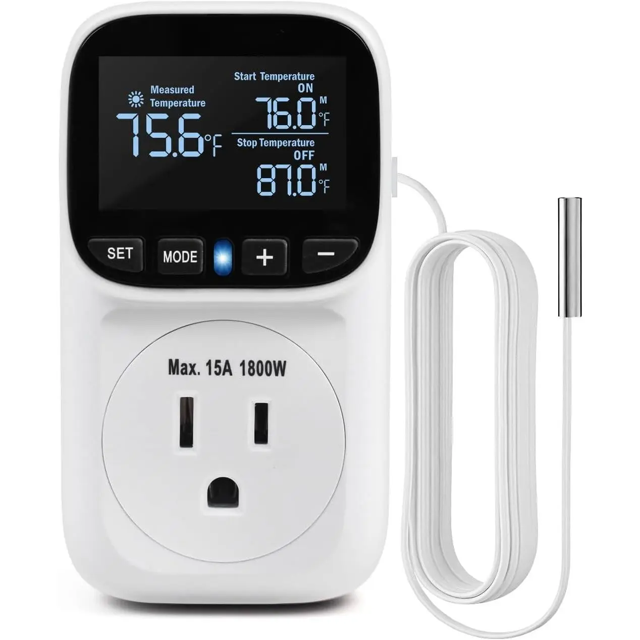 Digital Temperature Controller Heating & Cooling Thermostat Plug Outlet –40°F~210°F 15A 1800W LCD Display Temperature Controlled Outlet for Home Greenhouse Chicken Coop Reptile