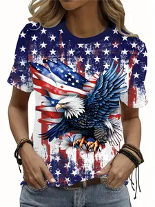 American Flag Pattern Short Sleeve T-Shirt, Women's Casual Printed Statement Top, Summer Fashion Trendy Style, Comfortable and Stylish