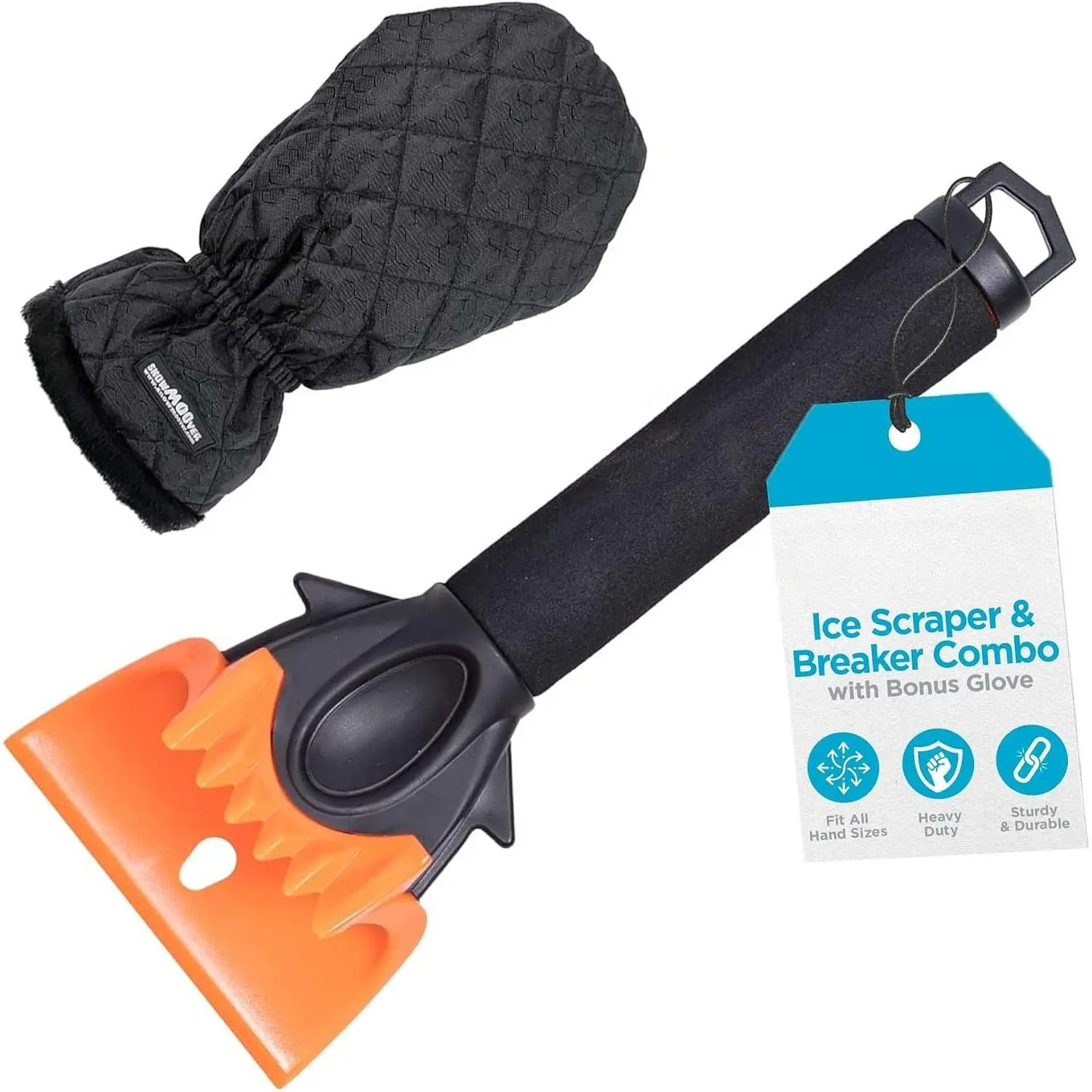 Ice Scraper & Breaker Combo for  Windshield & Windows, Water Resistant, Padded Glove, Non-Scratch 4" , ABS Plastic, Ice Remover, Warm & Cozy  Glove - 1 Pack